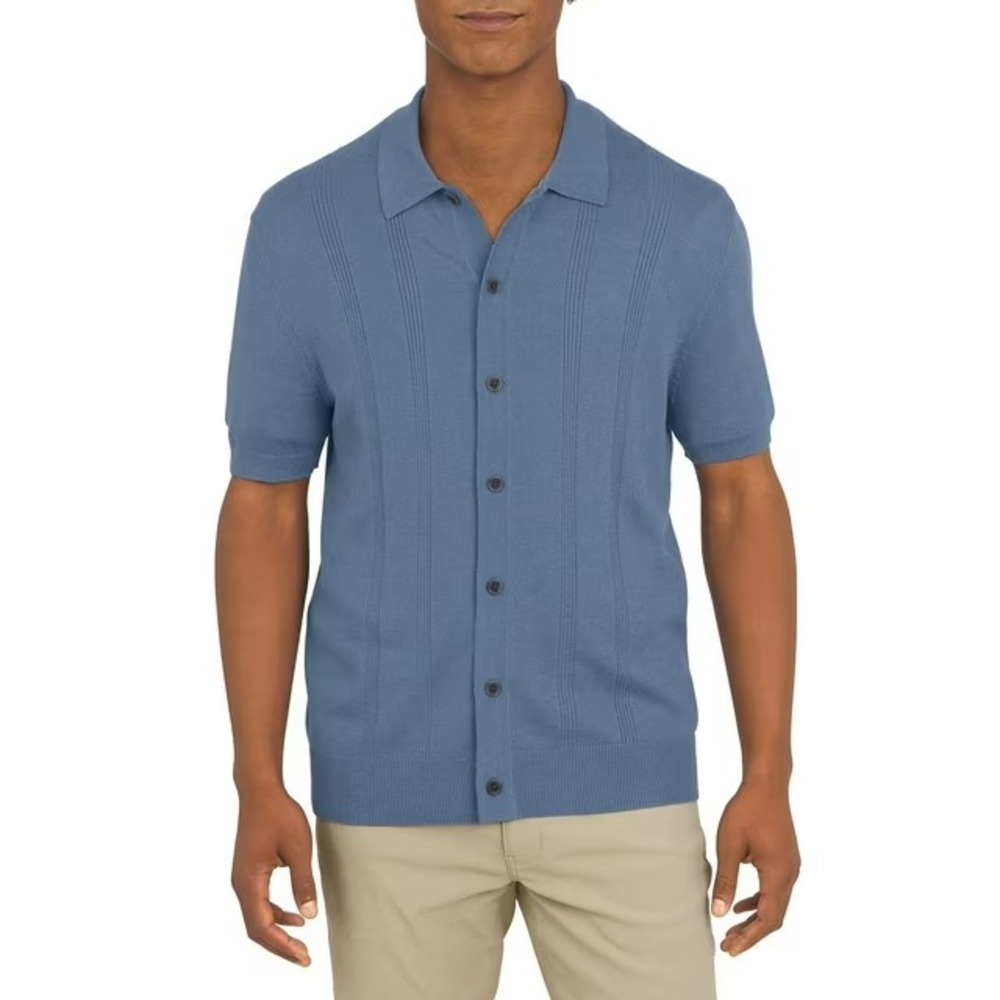 DKNY Mens Button Front Short Sleeve Sweater Light Blue XL Solid Knit Polo
